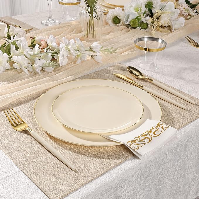 350 PCS lvory Plastic Dinnerware Set, lvory and Gold Rim Disposable Plates for 50 Guests, Include 100 lvory Plates with 150 Plastic Cutlery, 50 Napkins and 50 Cups