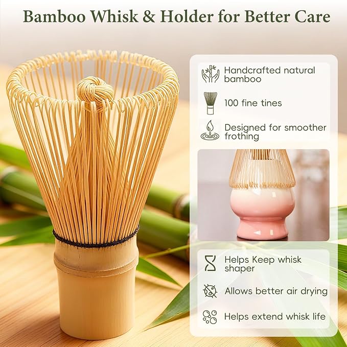 Matcha Whisk Set, Ceramic Matcha Set Includes Bowl & Holder, Bamboo Whisk (Chasen), Scoop, Spoon and Sifter, 6PCS Matcha Kit Covers Everything Needed for Making Matcha (Pink)