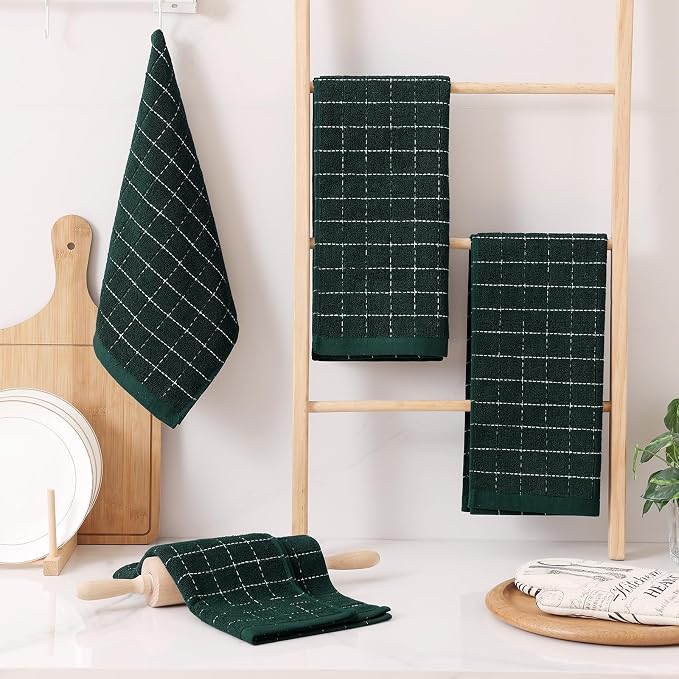 Homaxy 100% Cotton Terry Kitchen Towels, 12 Pack, Blackish Green | Ultra Soft and Absorbent Dish Towels for Kitchen, Suitable for Drying and Washing Dishes
