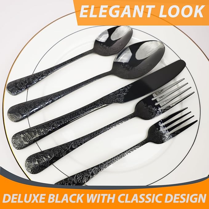 Runfly Modern Carved Floral Black Stainless Steel 20-Piece Flatware Set | Silverware Set, Vintage Utensil Set, Cutlery Set for Home and Kitchen, with Knife/Fork/Spoon
