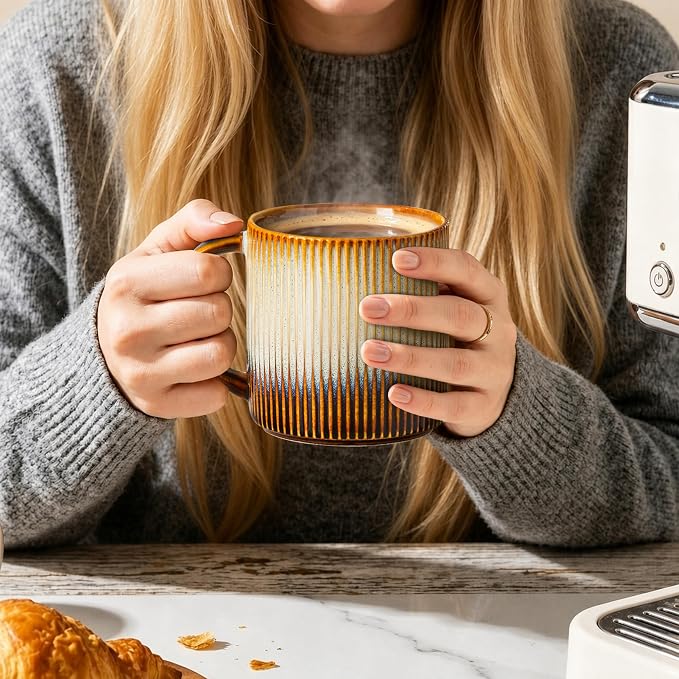 theterra Ceramic Coffee Mugs Set of 6, 14.2 oz Coffee Cups with Handle | Handmade, Suitable for Latte, Tea, Milk, Beer & Hot Cocoa, Dusk Blue