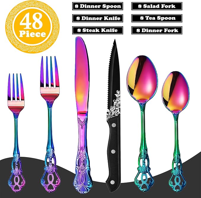 Runfly Gorgeous Retro Royal Rainbow Stainless Steel 48-Piece Flatware Set | Silverware Set for 8, Anti-rust Cutlery Set Utensils Kitchen Including Fork Spoon and Knife