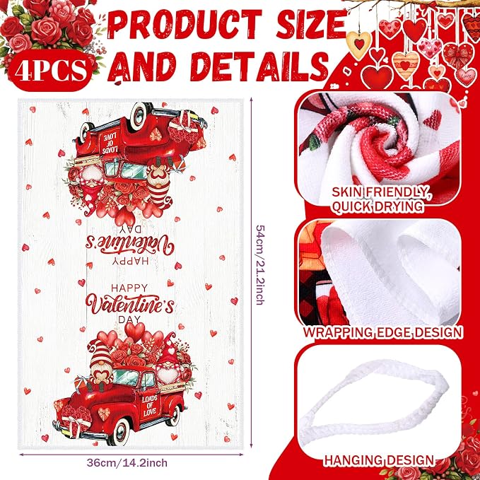 SiliFine 12 Pcs Valentines Day Kitchen Towels Pot Holders and Oven Mitts Set 4 Sweet Heart Gnomes Dish Towels 4 Love Oven Mitts 4 Romantic Red Rose Potholders for Xmas Dish Baking Decorative