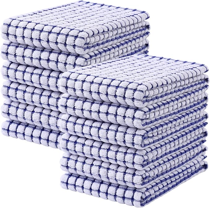 Mordimy Premium Cotton Kitchen Towels 16"x 25", Blue Check Design, 12 Pack | Super Absorbent Terry Kitchen Hand Towels, Large Natural Ring Spun 360 GSM Dish Towels, Soft Tea Towels with Hanging Loop