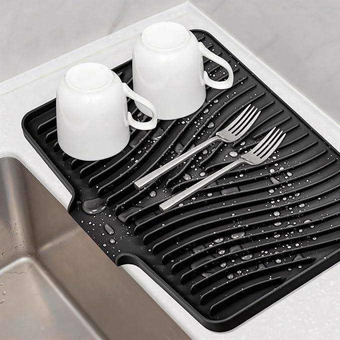 TIKNIK Silicone Dish Drying Mat for Kitchen Counter, Black-1pc, 20" x 15" | Heat Resistant & Non-Slip Dish Drain Pad with Built-In Drain, Dishwasher Safe, Quick-Dry, Hangable & Roll-Up for Storage