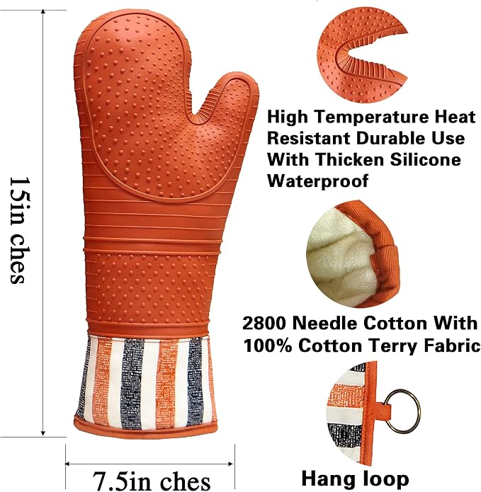 Heat Resistant 550 Degree Oven mitt, Silicone Oven Hot Mitts - 1 Pair | Extra Long Professional Baking Oven Gloves - Food Safe,Pot Holders Cooking,Grilling,Kitchen (Tangerine Mittens)