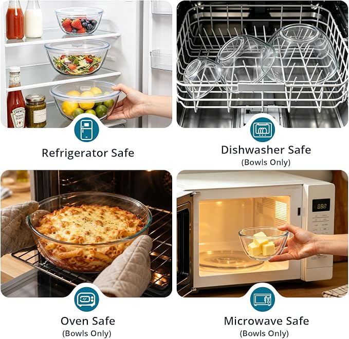 E-far Glass Mixing Bowls with Airtight Lids Set, 4.8,2.9,0.8 Qt Thick Glass Salad Bowls for Cooking Prep Serving, Large Clear Nesting Bowls for Storage Sourdough Proofing, Dishwasher Safe, 3 Pack