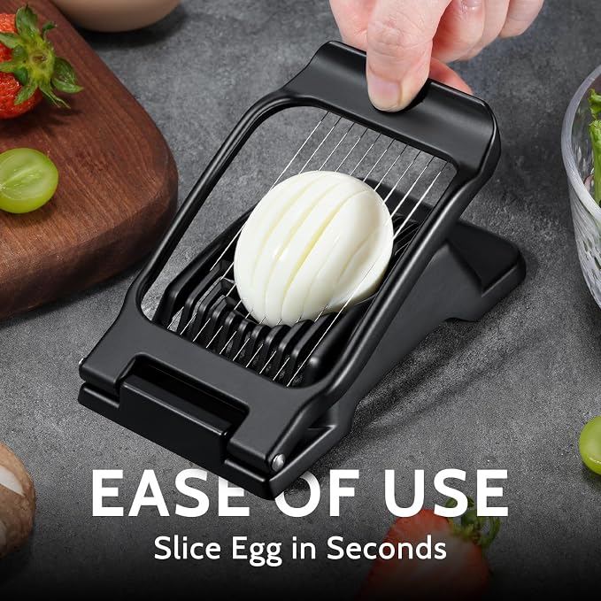 Egg Slicer for Hard Boiled Eggs & Strawberry Soft Foods, Heavy Duty, Black | Stainless Steel Wires, Not Bend & Rust, All Metal, Fast & Uniform Slice, Multipurpose, Time-Saving for Cooking, Meal Prep