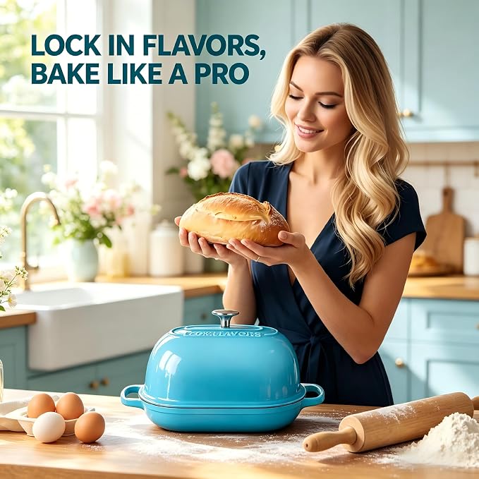 Cast Iron Bread Oven,6 QT Dutch Oven,Thick Enameled Loaf Pan with Lid,Bread Pans for Homemade Bread,14.5"Dutch Oven for Bread Baking,Dutch Ovens-with Silicone Baking Mat&Recipe,Gifts for Family,Teal