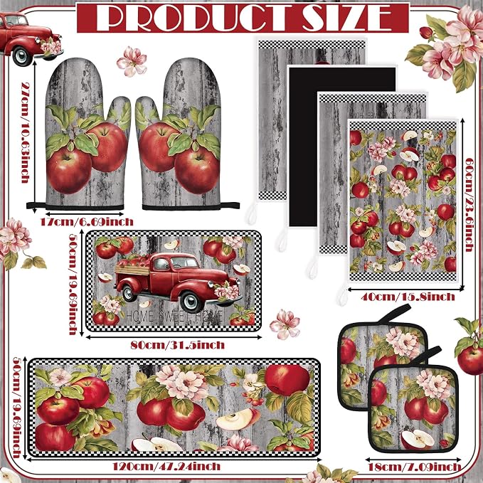 Fourluoo 10 Pcs Apple Kitchen Decor Set Apple Kitchen Rugs and Towels Oven Mitts and Pot Holders Sets for for Cooking Baking Mom Housewarming Gifts