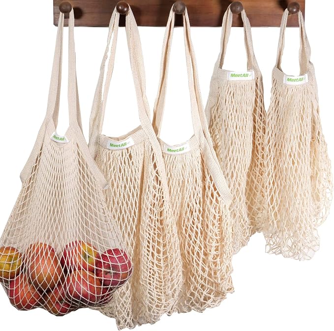 meetall Netted Tote Bags for Grocery, Reusable Cotton String Market Mesh Bags with Sturdy Handle - Eco Friendly Washable Produce Storage, 5 Pack 2 Sizes Off White