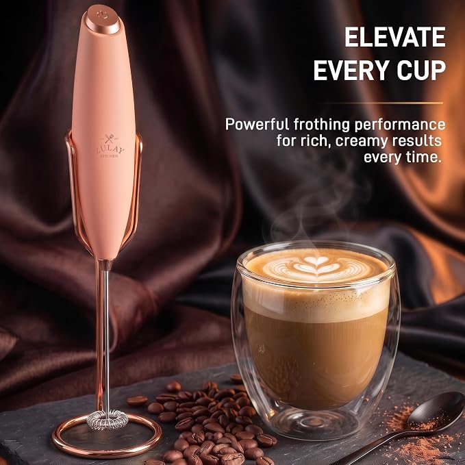 Zulay Kitchen Powerful Milk Frother Wand With Duracell Batteries - Ultra Fast Handheld Drink Mixer - Electric Whisk Foam Maker for Coffee, Lattes, Cappuccino & Matcha - Z1 Motor - Exec Peach Copper