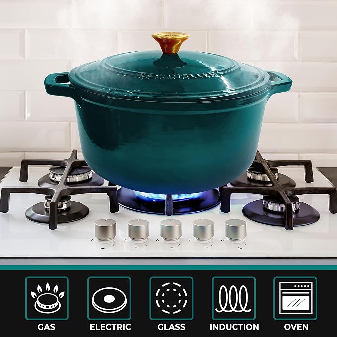 Mueller DuraCast 6 Quart Enameled Cast Iron Dutch Oven Pot with Lid | Sourdough Bread Baking, PFOA-Free, 500°F Oven Safe - All Cooktops incl. Induction, Braising & Slow Cooking, Emerald