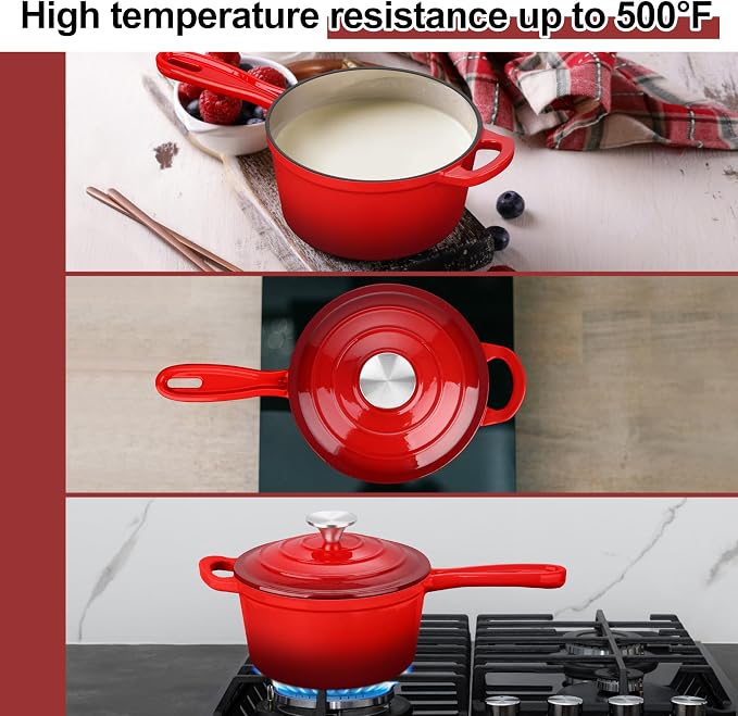 1 Quart Saucepan with Lid, Leonyo Enameled Cast Iron Sauce Pan with Lid, Small Enamel Cast Iron Dutch Oven Kitchen Cookware for All Cooktops Cooking Pasta, Soup, Milk - Up to 500°F & 4.4Lbs, Red
