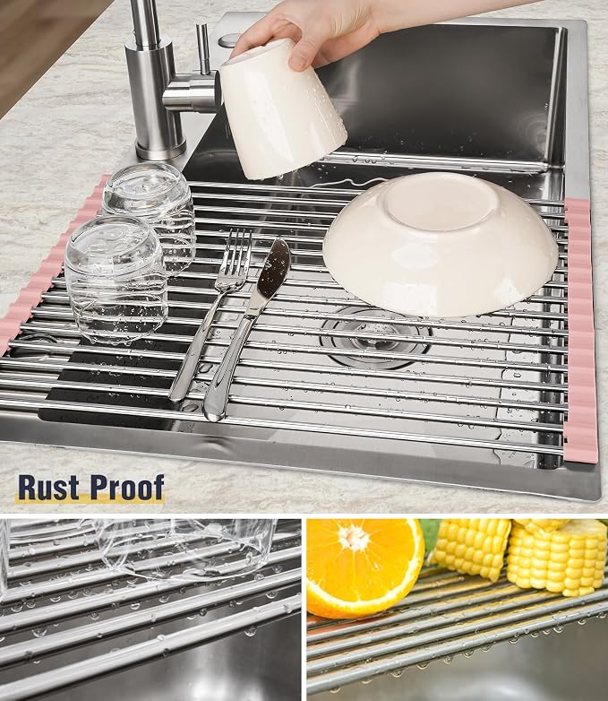 Tomorotec Roll Up Dish Drying Rack Over Sink, 304 Steel, 17.7x12.5, Pink | Anti-Slip Silicone Rims For Grip, Heat-Resistant Trivet Mat Holding Heavy Cookware, Rustproof Kitchen Counter Space Saver