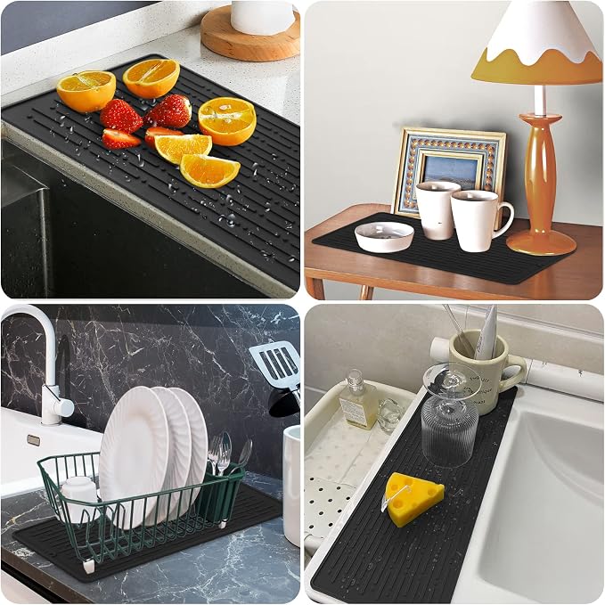 Dish Drying Mats, Heat-resistant Silicone Mat for Kitchen Counter, Non-Slip Dish Dry Mat Dishwasher Safe Large, Black