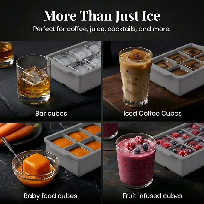 KitchFort® Large Silicone Ice Cube Tray (3-Pack) - 2" Big Ice Mold with Lid | Easy Release, Cocktail, Whiskey Ice Cubes Mold - Food Grade - Ice Cube Trays for Freezer - Stackable Silicone Ice Tray