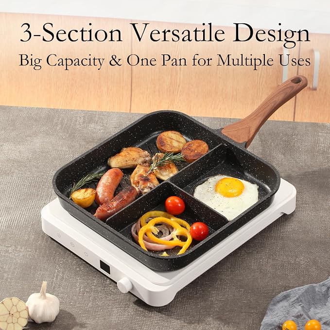 ESLITE LIFE Nonstick Divided Grill Pan for Stove Tops, 11 Inch Versatile 3-In-1 Breakfast Pan, Square Big Grilling Steak Pan for Indoor & Outdoor Cooking, PTFE & PFOA Free, Black