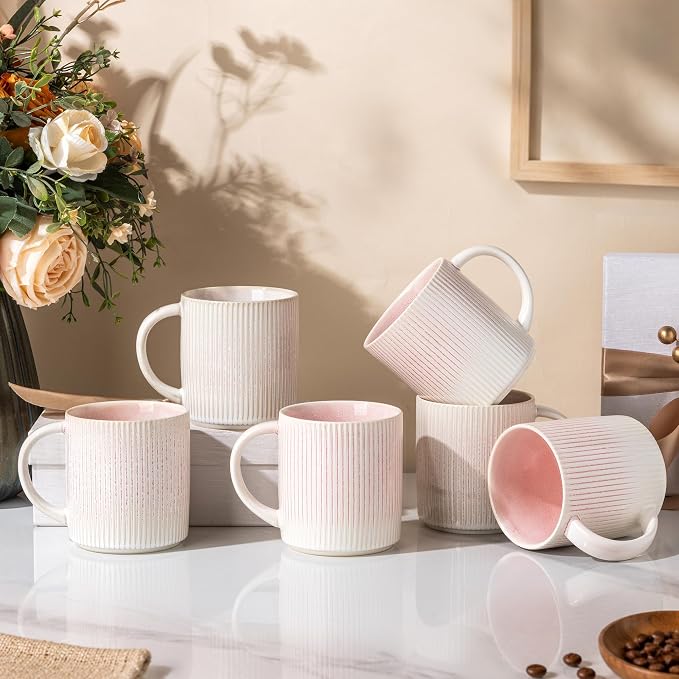 theterra Ceramic Coffee Mugs Set of 6, 14.2 oz Coffee Cups with Handle | Handmade, Suitable for Latte, Tea, Milk, Beer & Hot Cocoa, Primrose Pink