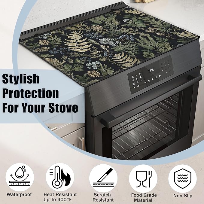 Green Leaves Glass Top Stove Cover Protector,Summer Forest Berry Heat Resistant Stove Top Cover, Large Size Range Covers for Electric Stove Countertop Mat, 28 x 20 Inch