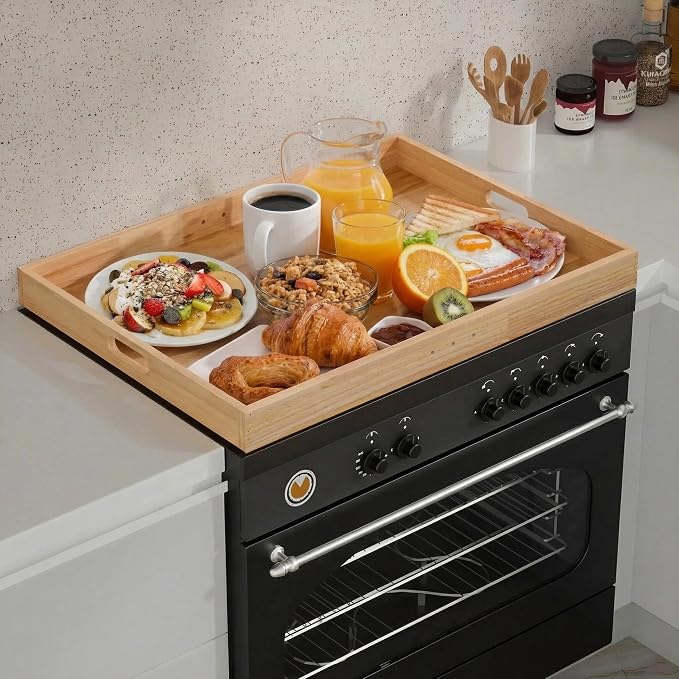 Buruis Rubberwood Stove Cover for 28.82 x 20.83 Inch Gas & Electric Stoves | Noodle Board Design with Juice Groove, Extra Counter Space, Built-In Handles, Multi-Purpose Kitchen Serving Board