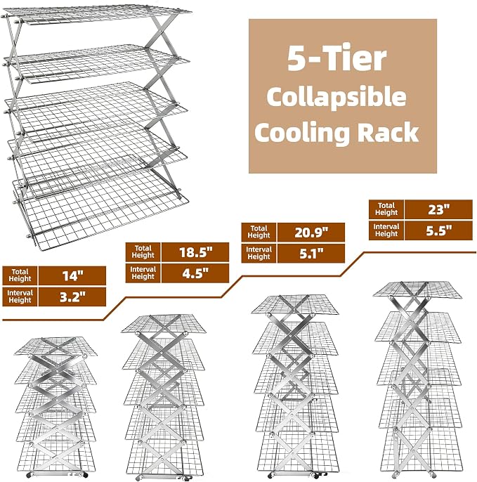 5 Tier Collapsible Cooling Rack Sourdough Cooling Rack 17"x10" | Cooling Racks for Cooking and Baking, Roasting, Grilling, Adjustable 6 Setting Design stackable, Oven & Dishwasher Safe