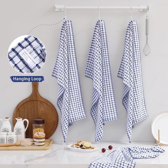 Mordimy Premium Cotton Kitchen Towels 16"x 25", Blue Check Design, 8 Pack | Super Absorbent Terry Kitchen Hand Towels, Large Natural Ring Spun 360 GSM Dish Towels, Soft Tea Towels with Hanging Loop