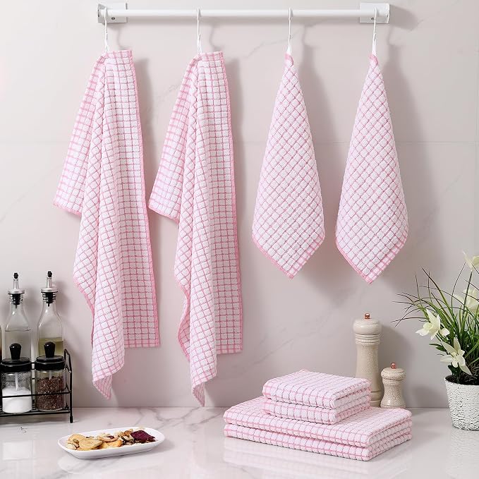 Homaxy Kitchen Towels and Dishcloths Set, Set of 8, Pink | Cotton Terry Kitchen Dish Towels, Super Soft and Absorbent Dish Cloths, 16 x 25 and 12 x 12 Inches