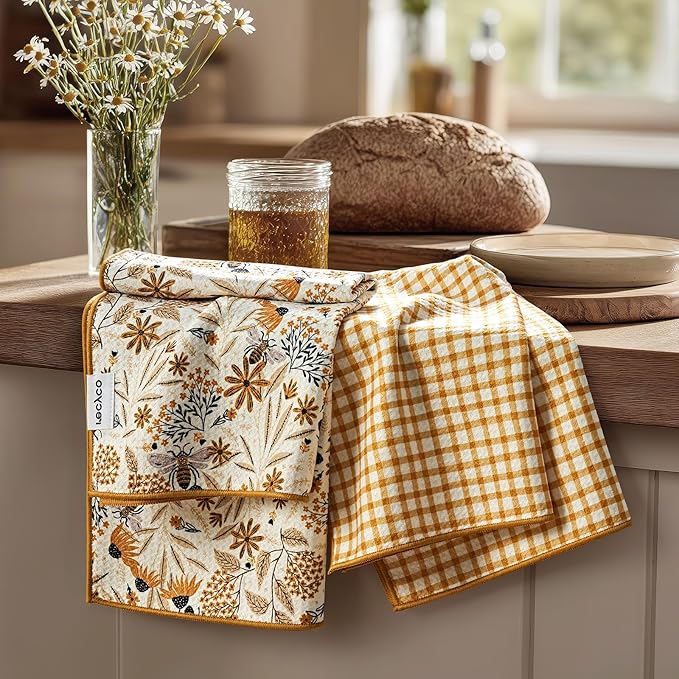 RECYCO Waffle Kitchen Towel Set of 2 - Quick Dry Microfiber Sustainable Dish Towels - Ultra Absorbent Reusable Cleaning Tea Towels - Lightweight Hand Towels,16”x 28”, Joyful Bees
