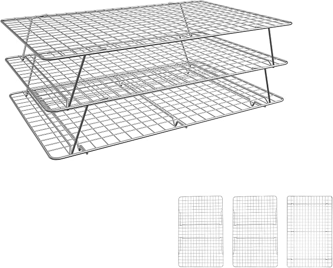 Cooling Rack 16"x10", 3-Tier Stackable & Collapsible Cooling Racks | Cooling Racks for Cooking and Baking, Roasting, Grilling, Oven & Dishwasher Safe (Silver, 3-Tier-SL)