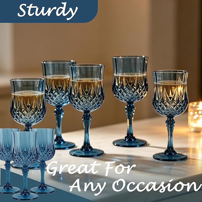 24Pack Plastic Wine Glasses, 7oz Vintage Goblets for Wedding | Unbreakable Crystal Style Reusable Stemware, Elegant Navy Blue Drinking Glass for Party Anniversary & Holiday Celebration