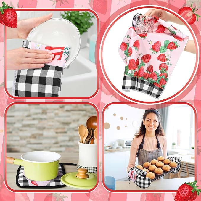 Fourluoo 10 Pcs Strawberry Farmhouse Kitchen Decor Set Dish Towels Kitchen Rugs Oven Mitts and Pot Holders Set for Cooking Baking Grilling Women Mom Daughter Gift (Mixed Color)