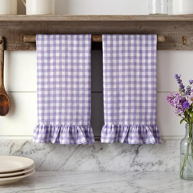 HunnmingRe 2 Pcs Purple Gingham Kitchen Towels Cotton Ruffled | Checked Dish Towels 18"x28" Tea Cloths Plaid Cottage Core Kitchen Decor for Farmhouse Charm Drying Dishes Entertaining Guests
