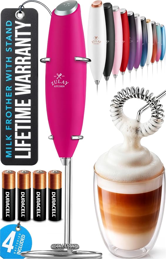 Zulay Kitchen Powerful Milk Frother Wand With Duracell Batteries - Ultra Fast Handheld Drink Mixer - Electric Whisk Foam Maker for Coffee, Lattes, Cappuccino & Matcha - Z1 Motor - Dragonfruit