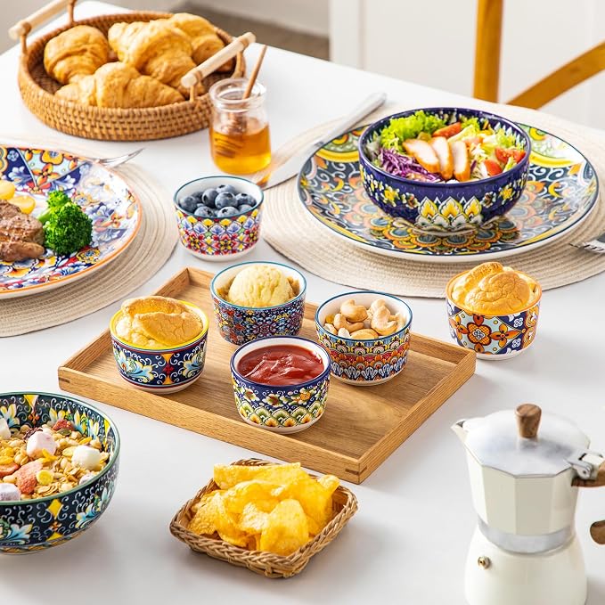 vancasso 4 Oz Ramekins Oven Safe Set of 6, Ceramic Baking Souffle Dishes | Bohemian Ramekins for Creme Brulee, Souffle, Custard, Pudding, Small Bowls for Dipping Sauce, Ice Cream