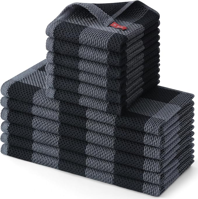 Homaxy Kitchen Towels and Dishcloths Set, Set of 12, Black & Grey | Bulk Cotton Waffle Weave Check Plaid Kitchen Towels, Super Soft and Absorbent Dish Cloths, 12 x 12 and 13 x 28 Inches