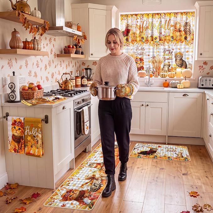 13 Pcs Fall Kitchen Decor Set, Cute Cat Themed Kitchen Towels, Cats Non Slip Floor Mats, Curtains and Valance, Pot Holders Oven Mitts, Home Decoration Gift for Cooking Baking