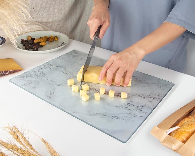 Glass Cutting Board 16"x12": Tempered Glass Kitchen Counter Protector - Durable- Scratch-Resistant, Heat-Proof - Design 3 - Grey Marble Effect