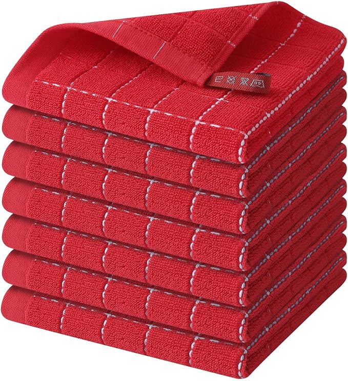 Homaxy 100% Cotton Terry Kitchen Dish Cloths, 7 Pack, Red | Ultra Soft and Absorbent Dish Towels for Kitchen, Suitable for Drying and Washing Dishes