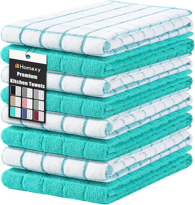 Homaxy Large Premium Cotton Kitchen Towels 16"x 28", 8 Pack, Aqua | Natural Ring Spun 390 GSM Dish Towels, Super Absorbent Terry Kitchen Hand Towels, Soft Tea Towels with Hanging Loop