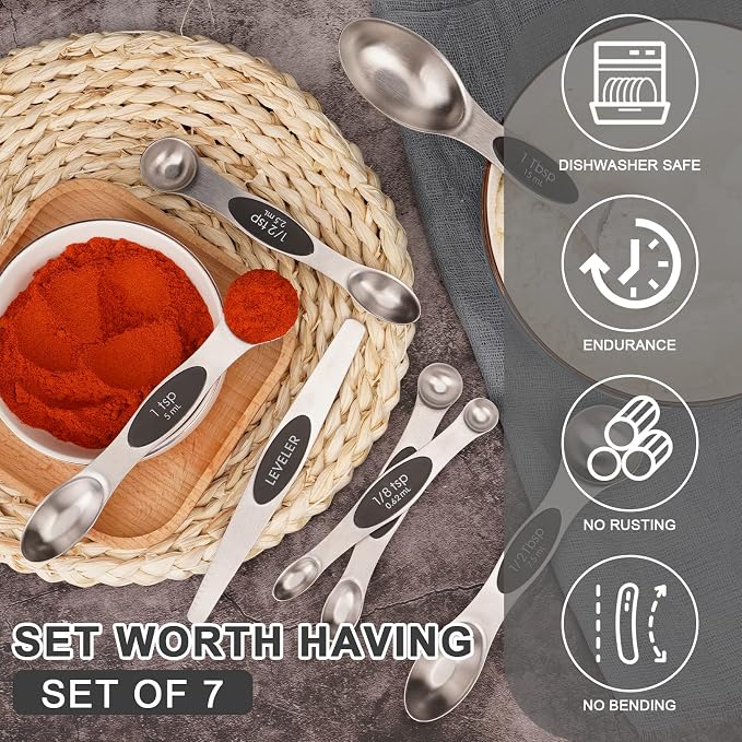 Aovchei 7 PCS Black Magnetic Measuring Spoons Set | Dual Sided, Stainless Steel Small Tablespoon, Teaspoons, Fits in Spice Jars, for Dry and Liquid