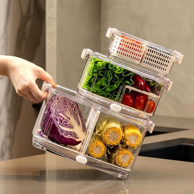 Felli Duo Fresh Produce Saver for Fridge, Fruit Vegetable Container with Vent & Drainage in Bottom for Wash, Colander Strainer Storage Bin for Refrigerator, Berry Lettuce Keeper