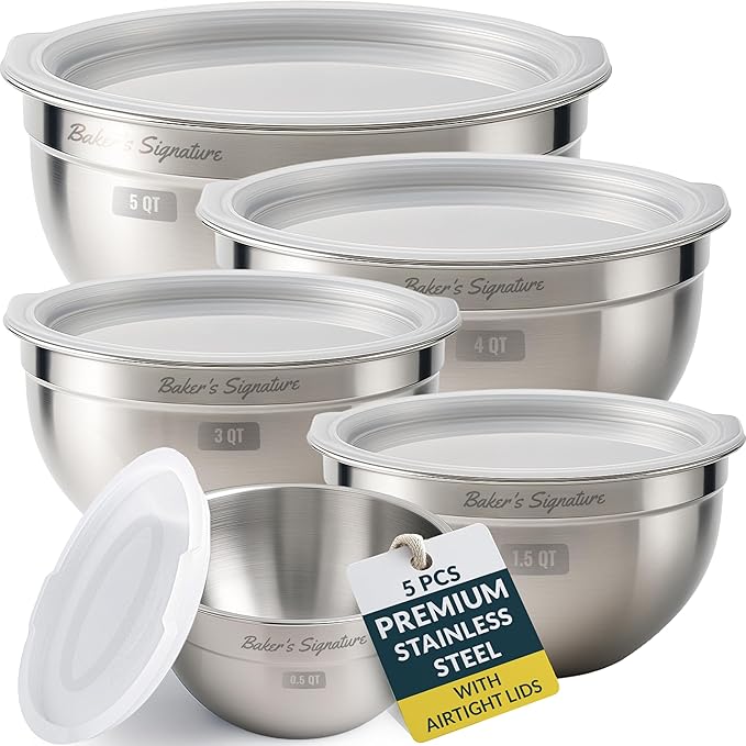 Baker's Signature Stainless Steel Mixing Bowls With Lid | Metal Bowl Set Of 5, Nesting Set For Food Prep, Baking,Storage, Cooking, Serving | Dishwasher Safe, 0.5/1.5/3/4/5 Qt
