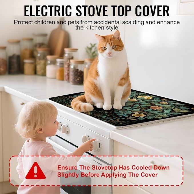 NYZE Stove Top Cover for Electric Stove 28x20 Inch Silicone Stove Topper & Protector, Decorative Kitchen Mat for Electric/Glass Stove Top (Teal & Gold Floral Tree)