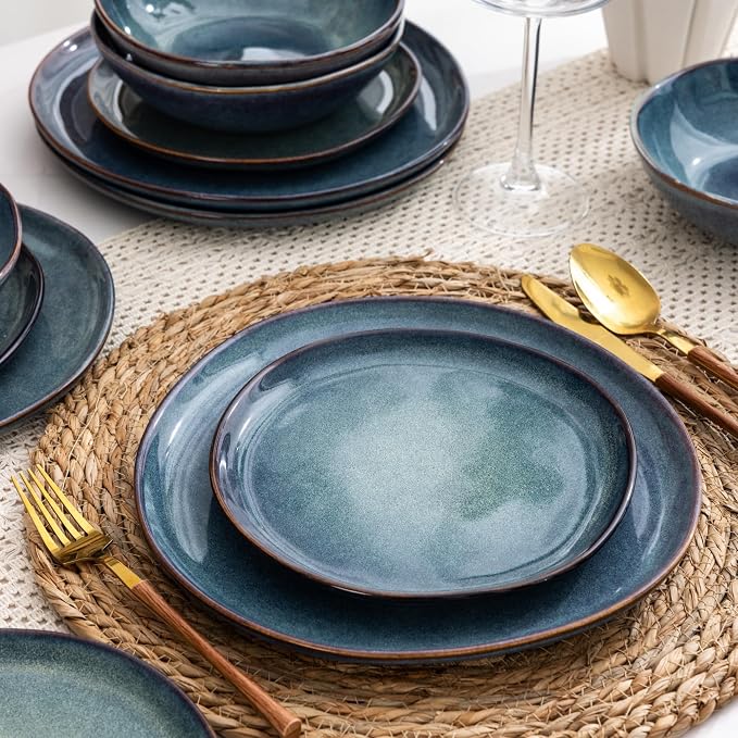 AmorArc Ceramic Dinnerware Sets for 4, 12Pcs Plates and Bowls Sets Dishes | Stoneware Handmade Reactive Glaze Dinner Set, Highly Scratch Resistant | Dishwasher & Microwave Safe Dishware