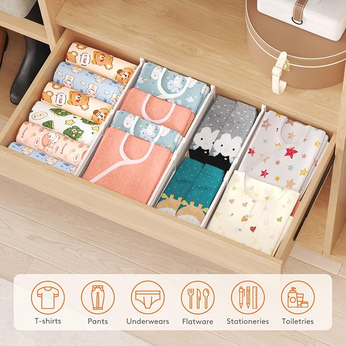 Lifewit 5 Pack 4" High Drawer Dividers, Adjustable Drawer Organizer Clothes | 13.8"-22.2" Expandable White Plastic Separators for Dresser, Kitchen, Cabinet, Nursery, Office, Socks & Underwear Storage