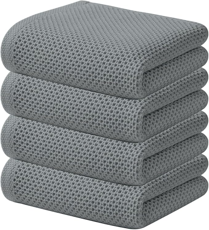 Kitinjoy 100% Cotton Waffle 4-Pack Kitchen Towels, 13" x 28", Grey | Super Soft, Ultra-Absorbent, Fast Drying, lightweight, Quick Drying Kitchen Hand Towels