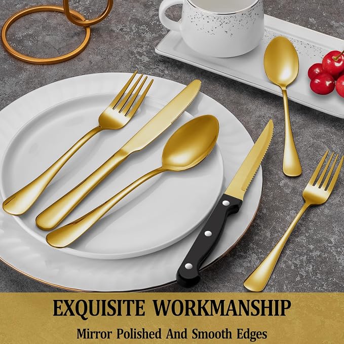 72 Pcs Gold Silverware Set with Steak Knives, Stainless Steel Flatware Cutlery Set for 12, Kitchen Tableware Sets, Utensil Sets for Home and Restaurant, Dishwasher Safe