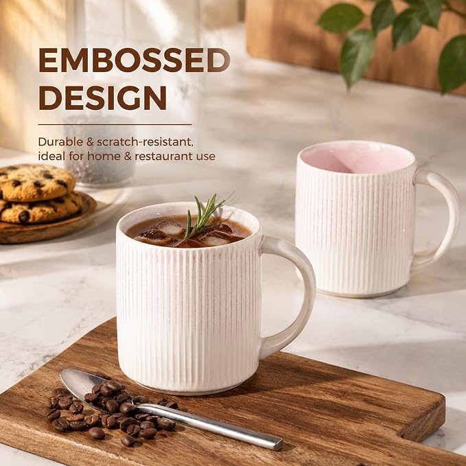 theterra Ceramic Coffee Mugs Set of 6, 14.2 oz Coffee Cups with Handle | Handmade, Suitable for Latte, Tea, Milk, Beer & Hot Cocoa, Primrose Pink