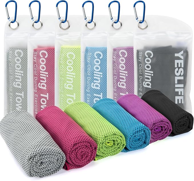YESLIFE Cooling Towels, 6-Pack 40"x12", Multicolor | Microfiber gym towels, soft breathable neck wrap, cooling towel for yoga running sport camping, Multicolor, 6-pack